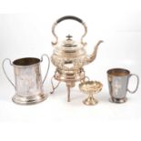 Victorian silver plated kettle on stand and other silver plated wares,