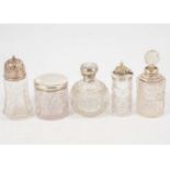 Silver-mounted cut-glass scent bottle, Levi & Salaman, Birmingham 1912, and four other similar items