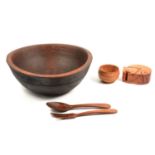 Turned sycamore bowl, diameter 29cm; other turned wood bowls; and other items of treen.