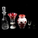 Two Victorian overlaid and painted glass vases, and other glassware