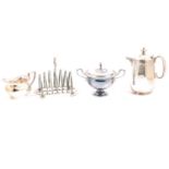Silver-plated candelabra, salver, entree dishes, toast rack, miniature pots and other plated wares.