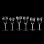 Six Victorian opaque airtwist and engraved wine glasses.