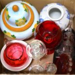 Blue and white Oriental vase, ceramic rumtoft, and other glasswares and ceramics.