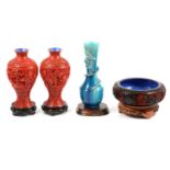 A pair of modern cinnabar resin vases, bowl and blue dragon vase.