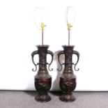 Pair of Chinese bronze vases, adapted as table lamps,