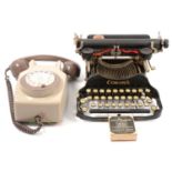 Corona typewriter, vintage BT telephone, and a Regentone record player