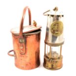 Protector Type 6 brass and steel miner's lamp and small copper scuttle.