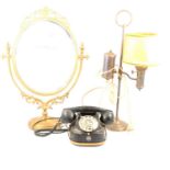 Cast brass table mirror, vintage TTR bell telephone, lighting, etc