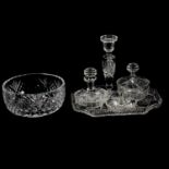 Glass dressing table set, wooden-backed hand mirrors, and Royal Brierley fruit bowl.