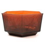 Art Deco amber glass bowl, hexagonal form, moulded with kingfishers, 12.5cm.