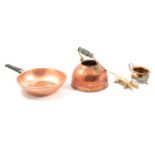 A copper kettle, other decorative copper and brassware.