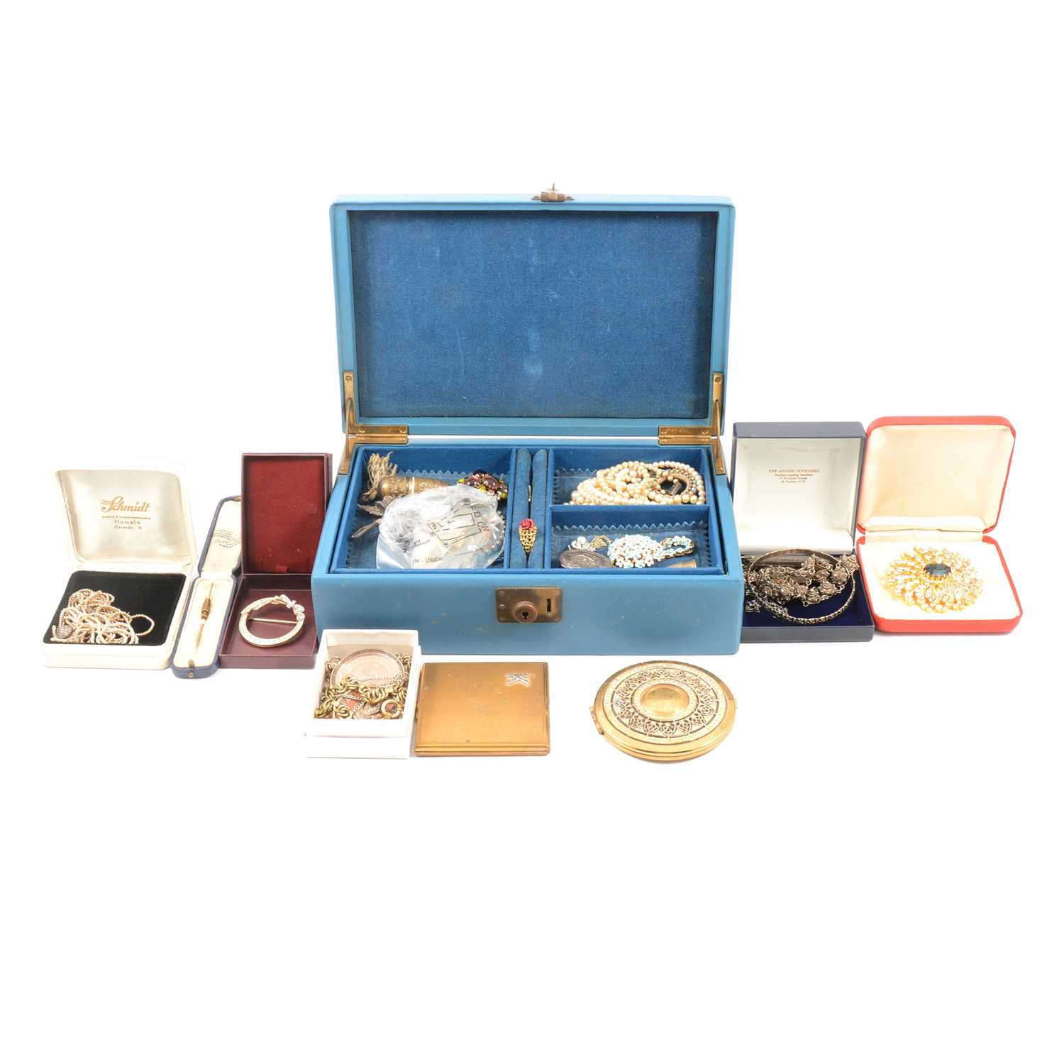 A silver presentation medal, Birmingham 1904, and other silver, white metal and costume jewellery.