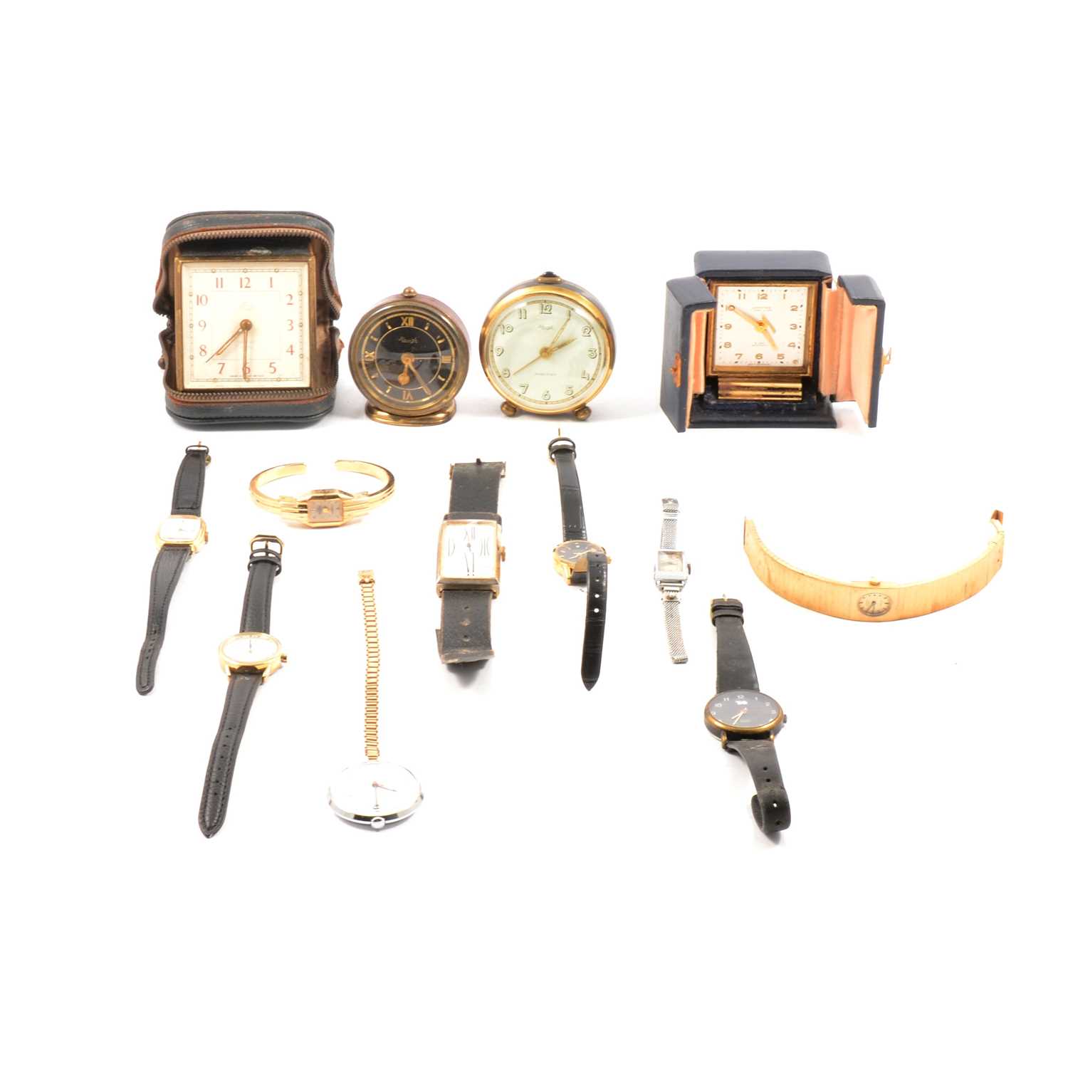 Four travel alarm clocks and nine wristwatches / fob watches.