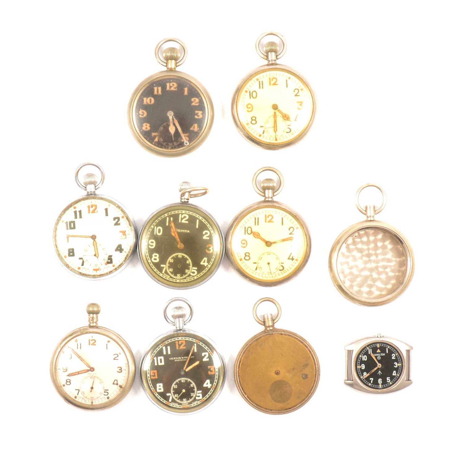 Seven military pocket watches, two cases, a Hamilton wrist watch.