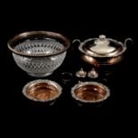 Silver-mounted cut-glass bowl, pair of plated coasters and a plated tureen