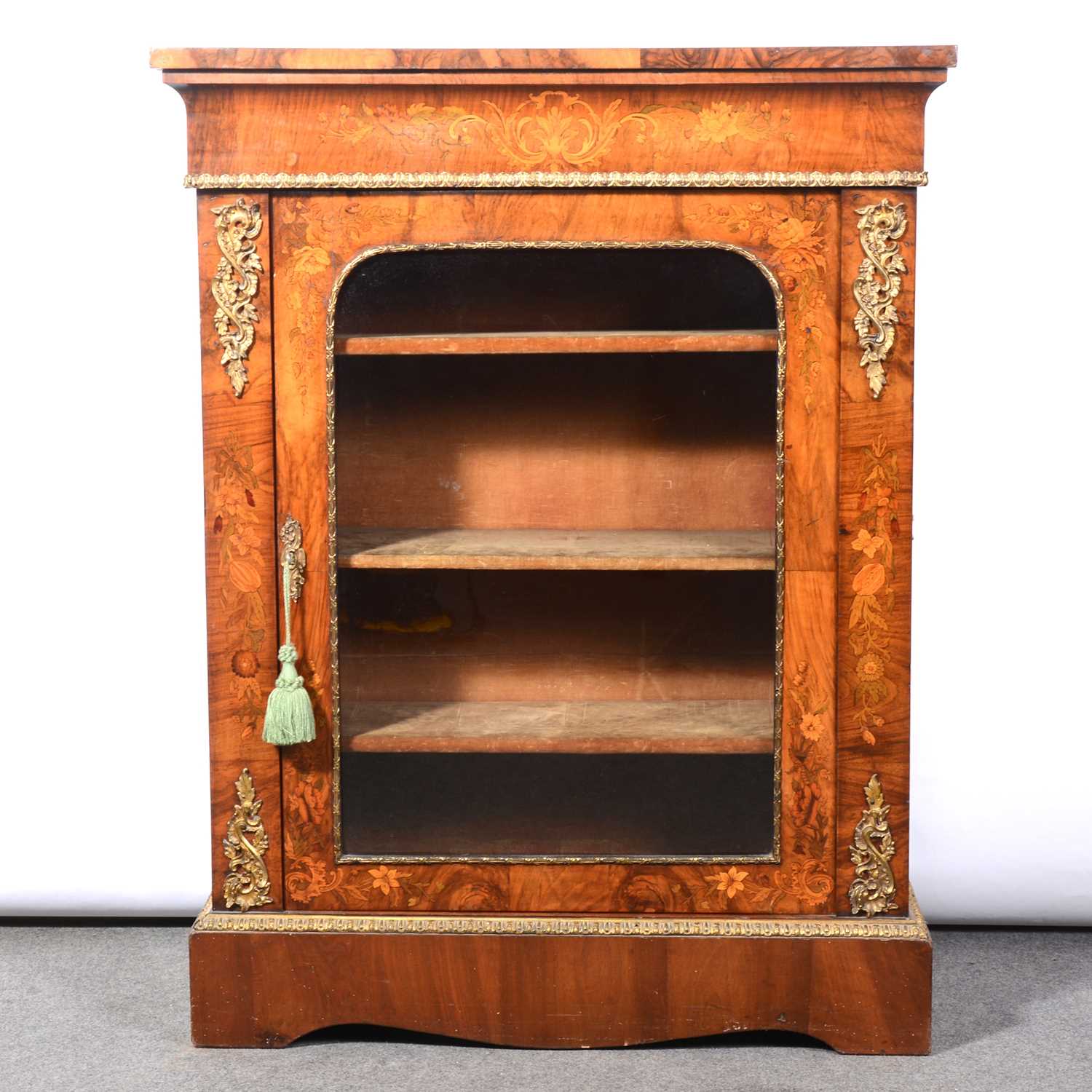 Victorian walnut and marquetry vitrine,