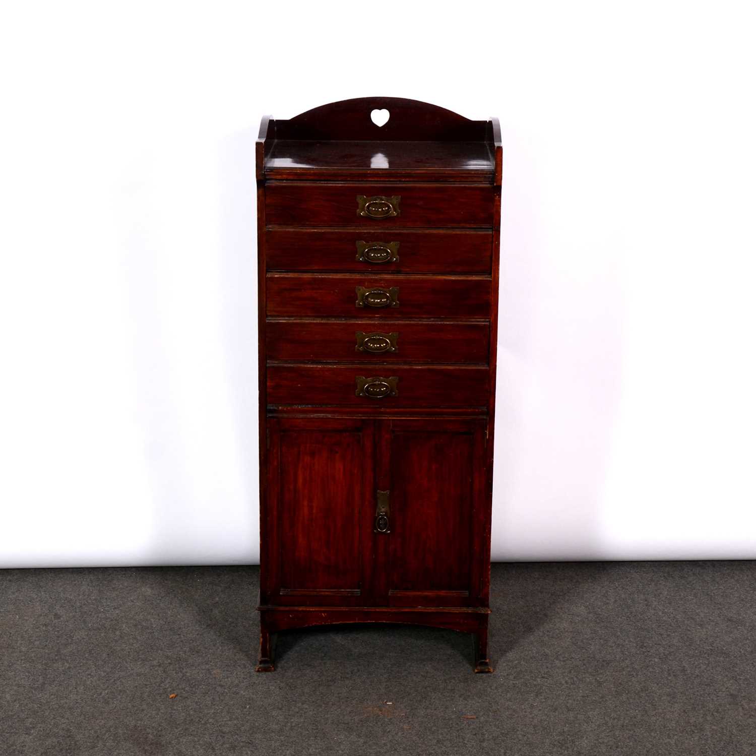 Late Victorian walnut music cabinet, top with a three-quarter gallery, five drawers with four fronts