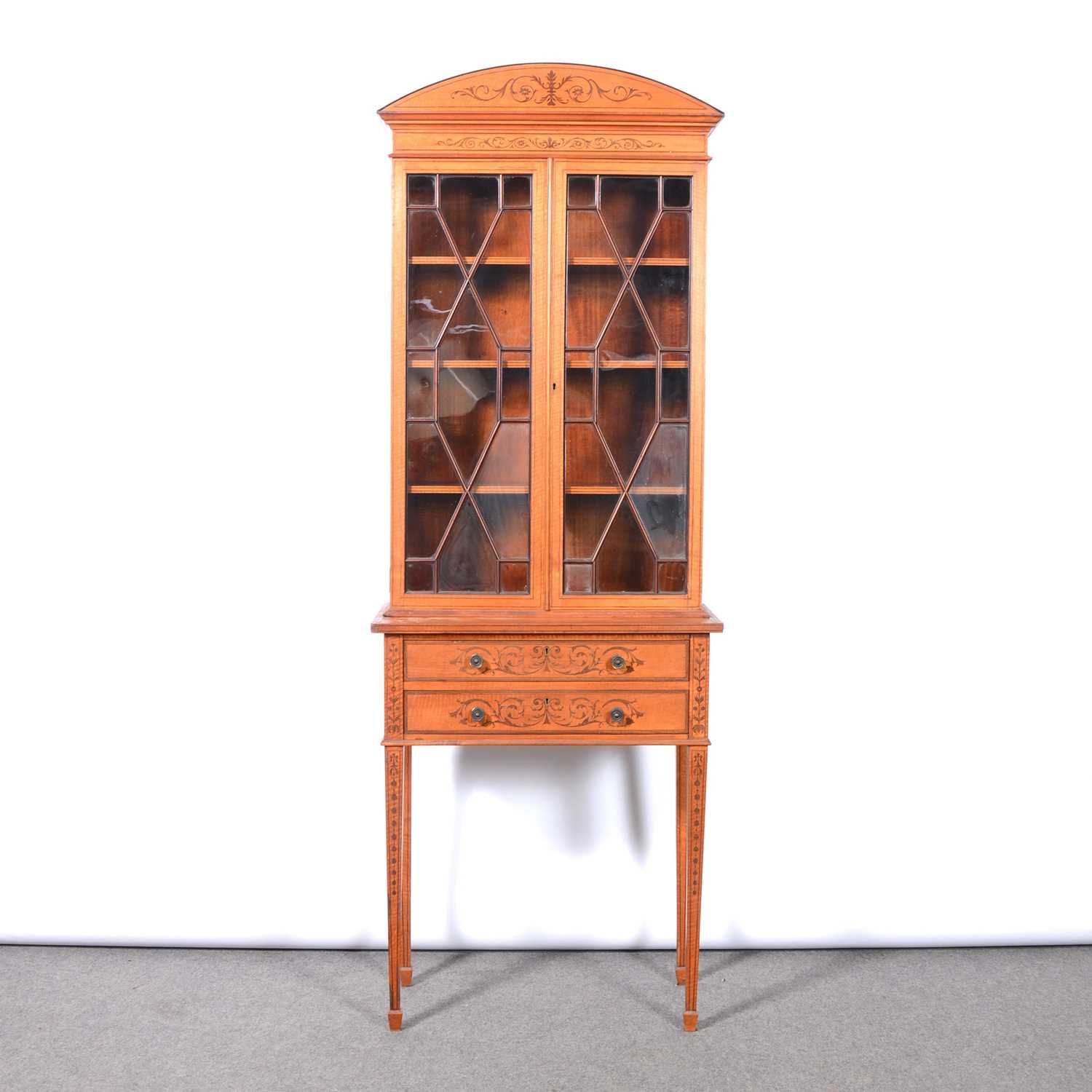 Late Victorian satinwood and marquetry bookcase cabinet,