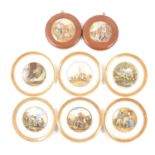 Six Prattware plates and two framed pot lids