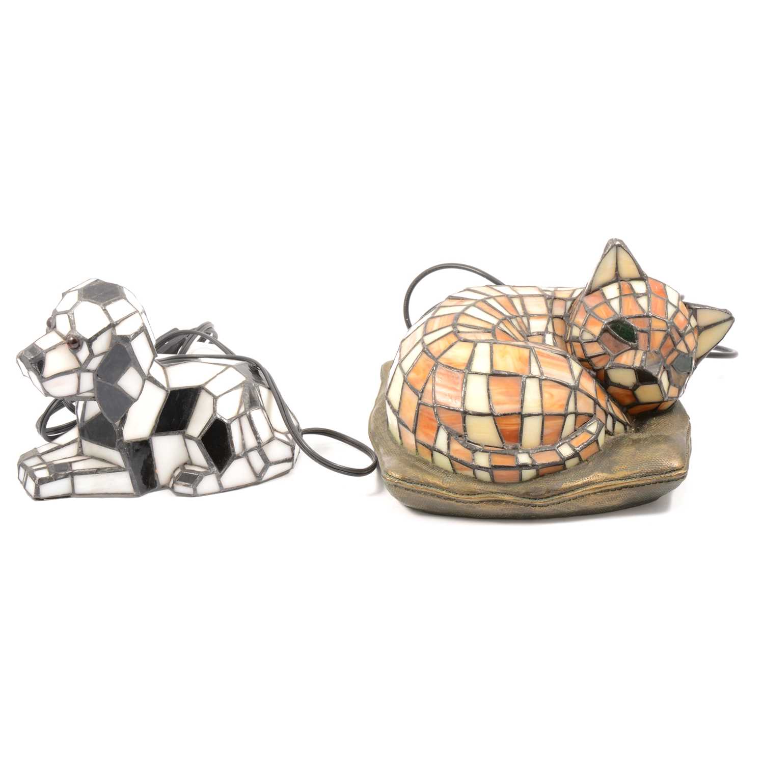 Tiffany style lamp shade and three novelty glass animal lamps