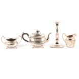 Pair of silver napkin ring, silver-plated candelabra, candlesticks, meat cover and other plated ware