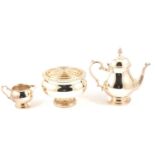 Silver plated rose bowl, Victorian style three-piece teaset, tray, spill vases, pair of