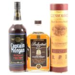 Glenmorangie 10yo single malt whisky, Captain Morgans Rum, 1L, and a Ballantines 12 yo