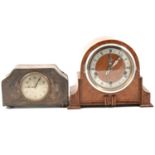 Enfield oak cased mantel clock and a silver plated mantel clock,