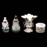 Quantity of decorative ceramics, figurines, and a silver-mounted cut glass sugar sifter