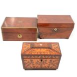 Victorian mahogany and brass travelling box, and two tea caddies,