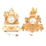 French gilt spelter and alabaster mantel clock and another gilt spelter clock,