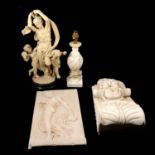 Four table lamps; resin figure; and two plaque, (7)