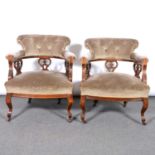 Pair of Victorian walnut framed tub chairs,