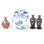 Modern Chinese porcelain twin-handled vase, a Japanese vase, and pair of cloisonne vases