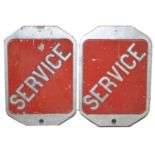 Two original cast metal railway station Service signs, red ground with no.2 to rears