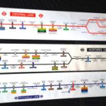 Three London Underground carriage line route diagrams, three including