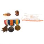 Three WWI medals, Tunbridgewae tape and gilt metal thimble holder.
