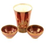 Carlton Ware rouge royale beaker shape vase and two finger bowls,