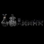 Cut glass decanter with silver collar and other glassware,