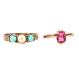 A turquoise and pearl three stone ring, and a pink paste solitaire ring.