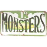 Enamel sign 'Monsters 1d' 33cm x 61cm.