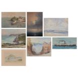 Seven assorted original artworks, mostly coastal scenes