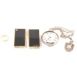 A 22 carat yellow gold wedding band, silver pocket watch and chain, lighters and cufflinks.