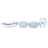 Pair of modern Chinese blue and white pottery jardinieres, barrel and model boat,