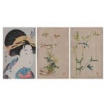 Japanese Geisha woodblock and two bird paintings on silk