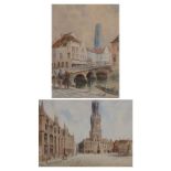 Alfred H Findley, two watercolours - Le Beffroi, Bruges, and a French street scene and cathedral