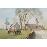 Roland Davies, Village scene with horses on a green.