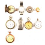 Silver and other pocket watches, vintage wristwatches and a silver Sovereign/vesta case.