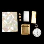 A mother-of-pearl card case, cigarette lighters, aide-memoire