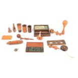 A collection of treen toys, whistles; cased dominoes; dice shakers